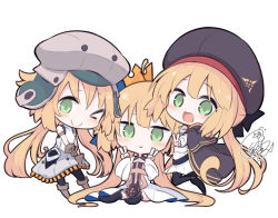 Rule 34 | &gt; o, 3girls, :d, ;), ahoge, artoria caster (fate), artoria caster (first ascension) (fate), artoria caster (second ascension) (fate), artoria caster (third ascension) (fate), artoria pendragon (fate), beni shake, beret, black cape, black headwear, black thighhighs, blonde hair, blouse, blush, boots, brown footwear, brown gloves, cape, closed mouth, commentary request, crown, double v, dress, fate/grand order, fate (series), girl sandwich, gloves, green eyes, grey headwear, grey skirt, hair between eyes, hands up, hat, long hair, looking at viewer, mini crown, multiple girls, one eye closed, open mouth, pantyhose, sandwiched, shirt, signature, simple background, sitting, skirt, smile, thighhighs, tilted headwear, v, very long hair, white background, white dress, white shirt
