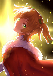 Rule 34 | 10s, 1girl, backlighting, blonde hair, closed mouth, commentary request, daiba nana, fur-trimmed jacket, fur trim, gogatsu fukuin, green eyes, green ribbon, hair ribbon, highres, jacket, jacket on shoulders, long hair, red jacket, ribbon, shoujo kageki revue starlight, signature, solo, twintails, upper body