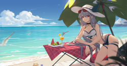 Rule 34 | 1girl, absurdres, arknights, beach, beach umbrella, bikini, bikini shorts, bird, blue sky, breasts, choker, cleavage, cloud, crazy straw, cup, drinking glass, drinking straw, elbow rest, elbows on table, eyewear on head, food, fruit, grapes, grey hair, hair between eyes, hat, heart straw, highres, inflatable orca, inflatable toy, kneeling, lance (lancelliu), long hair, looking at viewer, medium breasts, mismatched bikini, navel, official alternate costume, orange (fruit), orange slice, parted lips, plate, red-tinted eyewear, red eyes, sand, shade, shadow, shorts, skadi (arknights), skadi (waverider) (arknights), sky, solo, starfish, sun hat, swimsuit, table, tablecloth, thigh strap, tinted eyewear, umbrella, very long hair, water, watermelon, watermelon slice, wristband