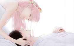 Rule 34 | 1boy, 1girl, absurdres, blouse, cup, dress, eyelashes, from side, hand on another&#039;s head, head wreath, highres, just be friends (vocaloid), megurine luka, shirt, simple background, vocaloid, white background, white shirt, yunomi, yunomi (yunomi imonuy)