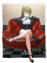 Rule 34 | 1girl, absurdres, alternate costume, bespectacled, black coat, black panties, chair, checkered floor, closed mouth, coat, coattails, crossed legs, edgar syu, full body, glasses, gloves, green hair, highres, index finger raised, looking at viewer, lounge chair, neck ribbon, panties, purple eyes, ribbon, shirt, side ponytail, sitting, smile, solo, sousou no frieren, thigh strap, thighs, ubel (sousou no frieren), underwear, white gloves, white shirt