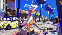 Rule 34 | 6+girls, apapico, bicycle, bikini, bikini top only, coffee cup, cup, disposable cup, drinking straw, glasses, headphones, highres, lamppost, long hair, looking at viewer, multiple girls, original, palm tree, road, short shorts, shorts, street, surfboard, swimsuit, tree, volkswagen beetle, wire
