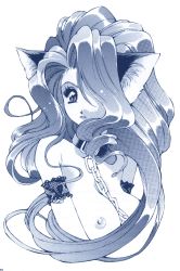 Rule 34 | 1girl, absurdres, animal ears, arm garter, big hair, breasts, cat ears, chain, collar, felicia (vampire), hair over one eye, highres, houruri, lace, large breasts, long hair, monochrome, nipples, non-web source, parted lips, solo, source request, upper body, vampire (game)
