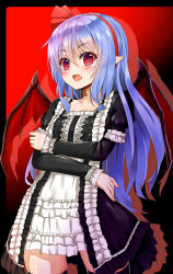 Rule 34 | 1girl, alternate costume, alternate hair length, alternate hairstyle, arm garter, bat wings, black background, black thighhighs, blue hair, blush, chiroshiron, collarbone, crossed arms, dress, frilled dress, frills, hair ribbon, highres, long hair, long sleeves, looking at viewer, open mouth, pointy ears, red background, red eyes, red ribbon, remilia scarlet, ribbon, simple background, solo, standing, thighhighs, touhou, two-tone background, white dress, wings