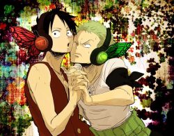 Rule 34 | 2boys, bandana, black hair, butterfly wings, crossbones, earrings, green hair, haramaki, head wings, headphones, holding hands, insect wings, jewelry, jolly roger, magnet (vocaloid), male focus, monkey d. luffy, multiple boys, one piece, parody, pirate, red vest, roronoa zoro, scar, shirt, t-shirt, vest, vocaloid, white shirt, wings