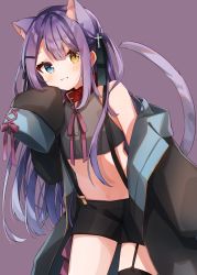 Rule 34 | 1girl, animal ears, bare shoulders, black jacket, black shirt, black shorts, black thighhighs, blue eyes, cat ears, cat girl, cat tail, collar, commentary, cowboy shot, crop top, extra ears, garter straps, grin, hair ribbon, heripiro, heterochromia, highres, jacket, long hair, long sleeves, looking at viewer, midriff, navel, neck ribbon, off shoulder, open clothes, open jacket, original, purple hair, ribbon, shirt, short shorts, shorts, sidelocks, simple background, single garter strap, single thighhigh, sleeveless, sleeveless shirt, sleeves past fingers, sleeves past wrists, smile, solo, standing, stomach, suspenders, tail, thighhighs, two side up, yellow eyes