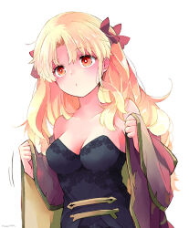 Rule 34 | 1girl, azumi (myameco), bare shoulders, blonde hair, breasts, cape, cleavage, commentary request, ereshkigal (fate), fate/grand order, fate (series), hair ribbon, long hair, medium breasts, red cape, red eyes, red ribbon, ribbon, simple background, solo, two side up, white background