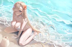 Rule 34 | 1girl, absurdres, arm support, asuna (blue archive), barefoot, beach, bikini, blonde hair, blue archive, blue eyes, breasts, choker, cleavage, fankey, flower, full body, grin, hair flower, hair ornament, hair over one eye, highres, kneeling, large breasts, long hair, looking at viewer, ocean, red flower, sand, sand castle, sand sculpture, smile, solo, swimsuit, very long hair, water, wet, wet hair, white bikini, white choker