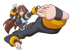Rule 34 | aile (mega man zx), alternate costume, alternate hairstyle, black bodysuit, black pants, blue jacket, bodysuit, bodysuit under clothes, breasts, brown hair, clenched hand, commentary, commission, cropped jacket, english commentary, feet, flying kick, green eyes, highres, jacket, kicking, long hair, medium breasts, mega man (series), mega man zx, mega man zx advent, open clothes, open jacket, pants, robot ears, second-party source, shoutaro saito, simple background, smile, white background
