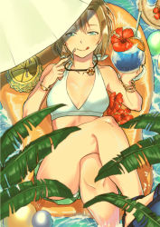 Rule 34 | 1girl, :q, aqua eyes, bikini, bracelet, breasts, brown hair, cleavage, closed mouth, collarbone, crossed legs, cup, drinking straw, flower, from above, green shorts, hair between eyes, halterneck, hibiscus, holding, holding cup, holding spoon, hunabachiyoko, idolmaster, idolmaster cinderella girls, jewelry, looking at viewer, lying, medium breasts, necklace, on back, parasol, red flower, short hair, short shorts, shorts, smile, solo, spoon, swimsuit, tada riina, tongue, tongue out, umbrella, white bikini