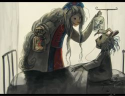 Rule 34 | 2girls, animal ears, balding, bed, coat, commentary request, death, fairy, hat, intravenous drip, jar, koto inari, lab coat, letterboxed, lily white, long hair, multiple girls, nurse cap, rabbit ears, smile, touhou, very long hair, yagokoro eirin