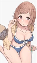 Rule 34 | 1girl, arm support, barefoot, bead bracelet, beads, bikini, blue bikini, blush, bracelet, breasts, brown eyes, cleavage, collarbone, cure slum, from above, front-tie bikini top, front-tie top, hand up, hat, hat ribbon, unworn headwear, holding own hair, idolmaster, idolmaster shiny colors, jacket, jewelry, light brown hair, looking at viewer, medium breasts, medium hair, open clothes, open jacket, parted lips, pink ribbon, ribbon, sakuragi mano, short sleeves, simple background, sitting, solo, straw hat, swimsuit, wariza, white background, yellow jacket