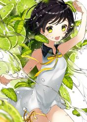 Rule 34 | 1girl, :d, bare shoulders, black hair, brown hair, collarbone, collared dress, cowboy shot, dress, food, fruit, green eyes, hand up, leaf, lime (fruit), looking at viewer, neck ribbon, open mouth, original, ribbon, short hair, sleeveless, sleeveless dress, smile, sogawa66, solo, water, white dress, yellow ribbon