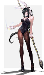 Rule 34 | 1girl, absurdres, animal ears, bare shoulders, black footwear, black hair, black leotard, border, breasts, brown pantyhose, closed mouth, electricity, fake animal ears, female focus, full body, grey background, grey eyes, hair ribbon, high heels, highres, holding, holding weapon, leotard, looking at viewer, magic, medium breasts, narberal gamma, overlord (maruyama), pantyhose, playboy bunny, ponytail, rabbit ears, ribbon, so-bin, solo, standing, strapless, strapless leotard, weapon, white border, white ribbon, wrist cuffs