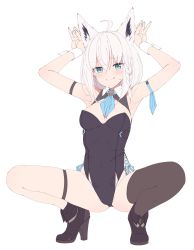 Rule 34 | 1girl, absurdres, ahoge, animal ears, aqua eyes, black footwear, black thighhighs, blush, boots, braid, breasts, closed mouth, covered navel, fox ears, fox girl, full body, hands up, highres, hololive, leotard, looking at viewer, medium breasts, playboy bunny, shinomu (cinomoon), shirakami fubuki, short hair, simple background, single braid, single thighhigh, smile, solo, squatting, thigh strap, thighhighs, unfinished, virtual youtuber, white background