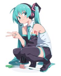 1girl ahoge aqua_eyes aqua_hair aqua_nails aqua_necktie bare_shoulders between_legs black_sleeves blush_stickers detached_sleeves full_body hand_between_legs hatsune_miku headphones headset highres long_hair looking_at_viewer necktie number_tattoo shoulder_tattoo solo spring_onion squatting tattoo twintails v very_long_hair vocaloid white_background yachima_tana