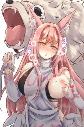 Rule 34 | 1girl, animal, animal ear fluff, animal ears, bare shoulders, black sports bra, blush, breasts, butterfly tattoo, detached sleeves, goddess of victory: nikke, hair intakes, heart, highres, holding, large breasts, leona (nikke), lion, long hair, looking at viewer, nipples, one breast out, pink hair, shirt, sideboob, sideless shirt, sidelocks, sports bra, stardust shalala, sweatdrop, tail, tattoo, timi (nikke), turtleneck, turtleneck shirt, upper body, white shirt, wrist tattoo, yellow eyes