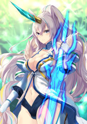 Rule 34 | 10s, 1girl, blue eyes, blurry, blurry background, blush, breasts, character request, cleavage, commentary request, cowboy shot, depth of field, energy sword, fingerless gloves, gloves, grey hair, hair between eyes, highres, holding, holding sword, holding weapon, horns, looking at viewer, medium breasts, navel, panties, ponytail, single horn, smile, solo, standing, sword, underwear, weapon, white gloves, wixoss, yoshizawa tsubaki