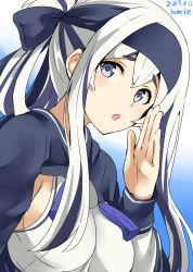 Rule 34 | 10s, 1girl, ainu clothes, artist name, blue eyes, breasts, cropped jacket, dated, folded ponytail, headband, highres, kamelie, kamoi (kancolle), kantai collection, long hair, long sleeves, looking at viewer, one-hour drawing challenge, sideboob, solo, thick eyebrows, upper body, white hair, wrist guards