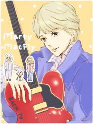 Rule 34 | 1girl, 2boys, animification, back to the future, bad id, bad pixiv id, blonde hair, blush, chibi, dog, einstein (back to the future), emmett brown, green eyes, guitar, instrument, jacket, jennifer parker, lab coat, licca (pixiv), marty mcfly, multiple boys, shirt, short hair, smile, waving, white hair