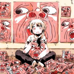 Rule 34 | 1girl, album cover, bad id, brown hair, copyright request, cover, highres, in the court of the crimson king, king crimson, mumumma, red eyes, sitting, solo, tagme