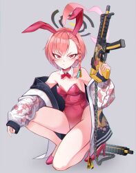 Rule 34 | 1girl, absurdres, angry, animal ears, bare shoulders, blue archive, blush, breasts, closed mouth, collar, collarbone, detached collar, fake animal ears, full body, grey background, gun, halo, high heels, highres, holding, holding weapon, jacket, kneeling, legs, leotard, looking at viewer, mole, mole under eye, mr.thunderigor, neru (blue archive), neru (bunny) (blue archive), off shoulder, on one knee, pink footwear, pink hair, playboy bunny, rabbit ears, red eyes, red leotard, short hair, simple background, small breasts, solo, sukajan, weapon