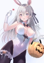 Rule 34 | 1girl, animal ears, bad id, bad twitter id, bare shoulders, blush, breasts, candy, cleavage, covered navel, detached collar, fake animal ears, food, gloves, grey eyes, grey hair, hair ornament, halloween bucket, highres, holding, holding candy, holding food, large breasts, leotard, long hair, looking at viewer, nozomi fuuten, original, pantyhose, playboy bunny, rabbit ears, ribbon, smile, solo, strapless, strapless leotard, tongue, tongue out, wrist cuffs