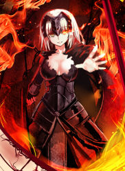 Rule 34 | 1girl, armor, armored dress, breasts, cleavage, fate/grand order, fate (series), fire, hair ornament, jeanne d&#039;arc (fate), jeanne d&#039;arc alter (avenger) (fate), jeanne d&#039;arc alter (avenger) (first ascension) (fate), jeanne d&#039;arc alter (fate), looking at viewer, ruler (fate/grand order), silver hair, solo, yellow eyes, yuge (yuge bakuhatsu)