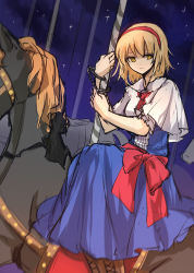 Rule 34 | 1girl, alice margatroid, blonde hair, blue dress, cape, carousel, cuffs, dress, hairband, handcuffs, looking at viewer, night, restrained, sash, sindre, sitting, sky, solo, star (sky), starry sky, touhou, yellow eyes