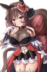 Rule 34 | 1girl, animal ears, bare shoulders, blush, braided hair rings, breasts, cleavage, closed mouth, collarbone, detached sleeves, dress, ear covers, ear ornament, gentildonna (umamusume), hair ornament, hair rings, highres, horse ears, horse girl, horse tail, large breasts, long sleeves, looking at viewer, medium hair, red dress, red eyes, ribbon, rio (lio yuzu), see-through, see-through cleavage, simple background, sitting, smile, solo, tail, umamusume, white background