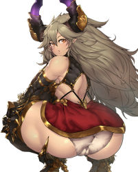 Rule 34 | 1girl, ass, bare shoulders, boots, cameltoe, commentary, draph, elbow gloves, expressionless, fat mons, from behind, gloves, granblue fantasy, grey hair, high heels, horns, long hair, looking at viewer, looking back, messy hair, muscular, open mouth, panties, pantyshot, parted lips, pointy ears, red eyes, sekiyu (spartan), simple background, solo, squatting, threo (granblue fantasy), thick thighs, thigh boots, thighhighs, thighs, underwear, white background
