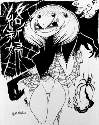 Rule 34 | 1girl, absurdres, bug, character name, closed mouth, extra eyes, greyscale, highres, ink (medium), inktober, jorogumo (rariatto), looking at viewer, medium hair, monochrome, original, rariatto (ganguri), smile, solo, spider, standing, thigh gap, traditional media, twitter username, traditional youkai