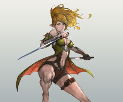 Rule 34 | 1girl, absurdres, blonde hair, breasts, cleavage, dual wielding, gradient background, green eyes, highres, holding, lips, namgwon lee, pointy ears, solo, sword, thigh strap, weapon
