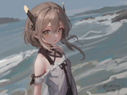 Rule 34 | 1girl, absurdres, alternate costume, bare shoulders, blue sky, blush, brown eyes, brown hair, dated, day, hair between eyes, headgear, highres, kantai collection, looking at viewer, ocean, one-hour drawing challenge, outdoors, parted lips, shidou (shiyou j), short hair with long locks, sky, solo, taihou (kancolle), twitter username, upper body, water