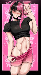 Rule 34 | 1girl, abs, absurdres, almualim, artist name, black choker, black hair, black shirt, blush, breasts, cellphone, choker, clothes pull, highres, holding, holding phone, kuromi, looking at phone, medium breasts, midriff, multicolored hair, muscular, muscular female, navel, original, parted lips, patreon username, phone, pink hair, pink shorts, sanrio, selfie, shirt, short hair, short shorts, shorts, shorts pull, simple background, smartphone, smile, solo, sweat, two-tone hair