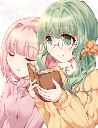 Rule 34 | 2girls, absurdres, bespectacled, blunt bangs, blurry, blush, book, braid, closed mouth, dot nose, futaba sana, glasses, green eyes, green hair, highres, holding, holding book, leaning on person, long sleeves, magia record: mahou shoujo madoka magica gaiden, mahou shoujo madoka magica, medium hair, multiple girls, niyadepa, open book, orange scrunchie, parted lips, pink background, pink hair, pink sweater, ribbed sweater, scrunchie, side braids, side ponytail, sidelocks, smile, sweater, tamaki iroha, turtleneck, turtleneck sweater, upper body, wavy hair, yellow sweater