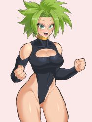 Rule 34 | 1girl, absurdres, breasts, cleavage, clenched hands, collar, collarbone, covered navel, dragon ball, dragon ball super, eldelossketch, green eyes, green hair, highres, hip bones, kefla (dragon ball), large breasts, long sleeves, looking at viewer, muscular, muscular female, open mouth, simple background, spiked hair, standing, super saiyan, swimsuit, taut clothes, taut swimsuit, teeth, thick thighs, thighs, upper teeth only