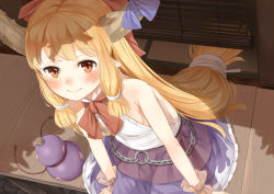 Rule 34 | 1girl, backless dress, backless outfit, bamboo screen, bare shoulders, blonde hair, blue bow, blush, bow, bowtie, breasts, chain, dress, from above, gourd, hair bow, highres, horn bow, horn ornament, horn ribbon, horns, ibuki suika, long hair, looking at viewer, low-tied long hair, nishiuri, orange eyes, pointy ears, porch, purple skirt, red bow, red bowtie, ribbon, shade, shirt, sideboob, sidelocks, sitting, skirt, sleeveless, sleeveless shirt, slit pupils, small breasts, smile, solo, tassel, touhou, very long hair, white shirt, wrist cuffs