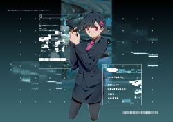 Rule 34 | 1girl, absurdres, ahoge, artist name, barcode, black hair, character name, closed mouth, commentary request, copyright name, cowboy shot, cropped legs, dated, flower, formal, gun, hair flower, hair ornament, handgun, highres, holding, holding weapon, hondoumachi koharu, id invaded, long sleeves, moieko, pantyhose, pencil skirt, pistol, red eyes, red neckwear, short hair, skirt, skirt suit, solo, suit, translation request, weapon