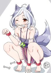 Rule 34 | 1girl, :3, ahoge, animal ears, bare legs, bare shoulders, barefoot, bone, breasts, cleavage, collarbone, commentary request, cuffs, dog ears, dog tail, fang, frilled skirt, frills, full body, grey hair, highres, jewelry, miniskirt, mitsugashira enoko, multiple tails, nagyiiie, necklace, off-shoulder shirt, off shoulder, one eye closed, paw pose, pink skirt, purple shirt, purple skirt, rainbow gradient, red eyes, shackles, shirt, short hair, short sleeves, skirt, skull, small breasts, solo, squatting, tail, toenails, toes, touhou