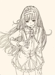 Rule 34 | 1girl, akemi homura, bow, bowtie, chinese commentary, collared capelet, commentary request, cowboy shot, dot nose, dress, fingernails, frilled skirt, frills, frown, hairband, hand on own chest, highres, layered sleeves, light blush, lineart, long hair, long sleeves, looking at viewer, magical girl, mahou shoujo madoka magica, mahou shoujo madoka magica (anime), miniskirt, open mouth, pleated skirt, sad, short dress, skirt, skirt under dress, solo, standing, traditional media, unmilk, very long hair