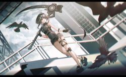 Rule 34 | 1girl, absurdres, ahoge, animal, arknights, bare shoulders, bird, black footwear, black gloves, black shorts, breasts, brown eyes, brown hair, crow, day, dutch angle, fingerless gloves, full body, gloves, hair intakes, hair ornament, hairclip, highres, holding, holding weapon, huge weapon, la pluma (arknights), letterboxed, medium breasts, outdoors, parted lips, railing, sandals, scythe, short hair, short shorts, shorts, sleeveless, solo, thigh strap, underbust, walking, weapon, weizhi