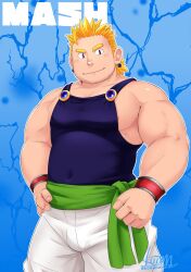 Rule 34 | absurdres, bara, blonde hair, blue background, character name, closed mouth, earrings, facial hair, final fantasy, final fantasy vi, hands on own hips, highres, jewelry, komazo (komanokura), lightning background, long hair, looking at viewer, male focus, muscular, pants, pectorals, ponytail, purple eyes, purple shirt, sabin rene figaro, shirt, sidepec, signature, smile, solo, tank top, thick eyebrows, twitter username, white pants, wristband