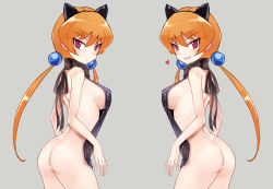 Rule 34 | 1girl, :d, adapted costume, alisa southerncross, animal ears, asle, ass, bad id, bad pixiv id, bare arms, bare shoulders, blush, breasts, brown hair, cat ears, chinese commentary, commentary request, fake animal ears, grey background, hair between eyes, hair ornament, has bad revision, has cropped revision, heart, impossible clothes, keroro gunsou, long hair, low twintails, medium breasts, meme attire, multiple views, open mouth, purple eyes, pussy, sideboob, simple background, smile, twintails, very long hair