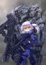 Rule 34 | 1girl, akimoto kouji, armor, assault rifle, belt, blue gloves, blue jacket, blue pants, character request, check character, check copyright, copyright request, feet out of frame, glasses, gloves, grey background, gun, handgun, highres, holding, holding weapon, holstered, jacket, knee pads, looking at viewer, mecha, medium hair, original, pants, pistol, purple eyes, red-framed eyewear, rifle, robot, silver hair, solo, trigger discipline, twintails, weapon