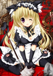 Rule 34 | 1girl, animal ears, apron, black dress, black thighhighs, blonde hair, breasts, bucket, cat, cat ears, cat tail, choker, cleavage, dress, elbow gloves, gloves, long hair, maid, maid apron, mop, one eye closed, ooji cha, original, purple eyes, ribbon choker, sitting, smile, stairs, tail, thighhighs, tongue, tongue out, v arms, wink, zettai ryouiki