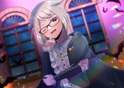 Rule 34 | 1girl, ;d, bat (animal), black cape, blurry, blurry background, brown-framed eyewear, cape, center frills, collared shirt, commentary request, commission, copyright request, depth of field, frills, glasses, grey eyes, grey hair, hair flaps, hand up, indoors, kou hiyoyo, night, night sky, one eye closed, open mouth, shirt, skeb commission, sky, smile, solo, upper body, virtual youtuber, white shirt, window