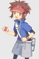 Rule 34 | 1boy, :d, bag, blue jacket, bodysuit, bodysuit under clothes, bright pupils, brown eyes, brown hair, commentary request, creatures (company), game freak, grey background, grey shorts, happy, hat, jacket, male focus, nate (pokemon), nintendo, open mouth, pokemon, pokemon bw2, red hat, short hair, shorts, shoulder bag, smile, solo, tongue, visor cap, white bag, white pupils, wusagi2, xtransceiver, zipper pull tab