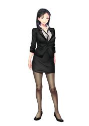 Rule 34 | 1girl, absurdres, arms at sides, black hair, black skirt, blush, breasts, bubuzuke, business suit, closed mouth, feet, female focus, formal, full body, high heels, highres, hitotsumami: relaxation series, legs, legs apart, light blush, looking at viewer, medium breasts, medium hair, office lady, official art, original, pantyhose, pencil skirt, pink eyes, skirt, smile, solo, standing, suit, swept bangs, thighs, transparent background