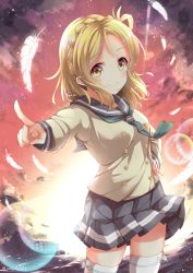 Rule 34 | 10s, 1girl, blonde hair, braid, buttons, crown braid, double-breasted, dusk, feathers, hair rings, hand on own hip, long sleeves, looking at viewer, love live!, love live! sunshine!!, miniskirt, neckerchief, niwasane (saneatsu03), ohara mari, pleated skirt, pointing, school uniform, serafuku, skirt, smile, solo, thighhighs, tie clip, twitter username, white feathers, white thighhighs, yellow eyes